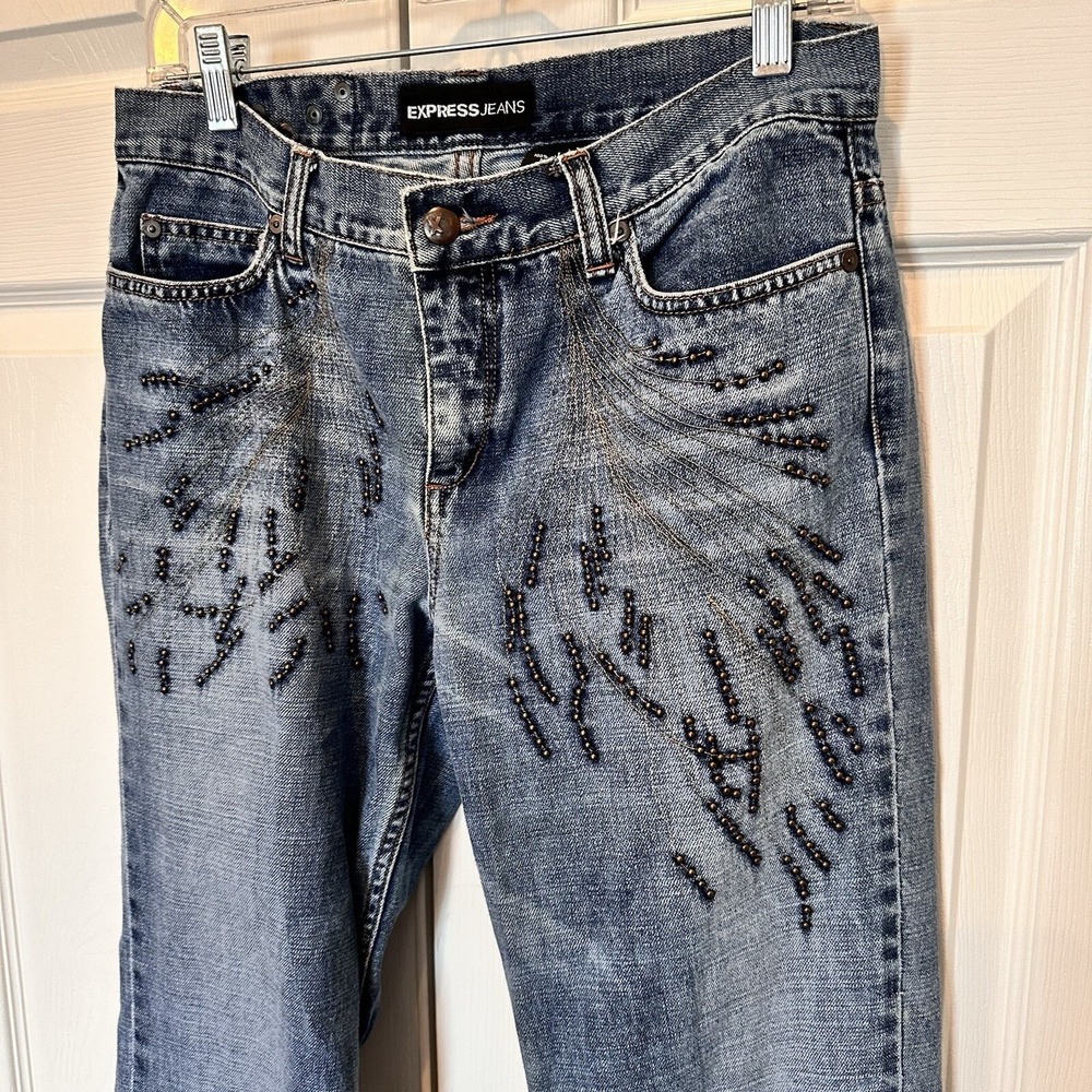 VTG Express Women's Jeans Sz 7 / 8 Denim Bronze Beads Mid Rise Bootcut Jeans Y2K - Picture 5 of 16